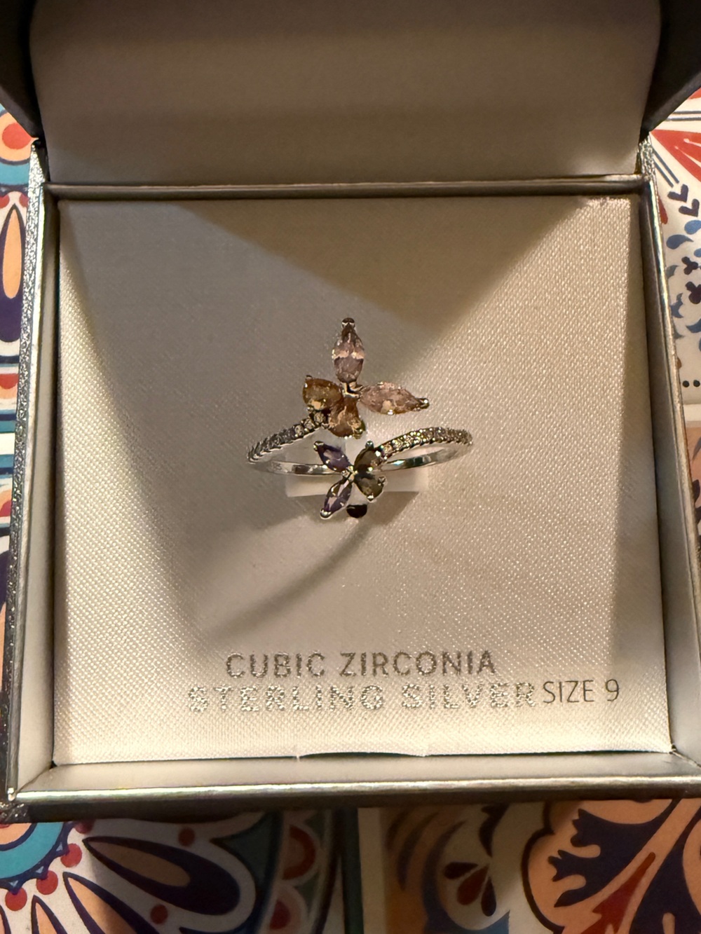 Cubic Zirconia Multi-Stone Silver Ring - Pink & Green Accents